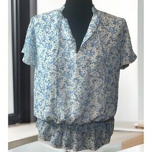 Ralph Lauren Polo Blue/White Floral Peasant Blouse. Lantern Waist. SZ-L Woman
